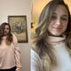 Two side-by-side photos of Zoë depict her hair after straightening.